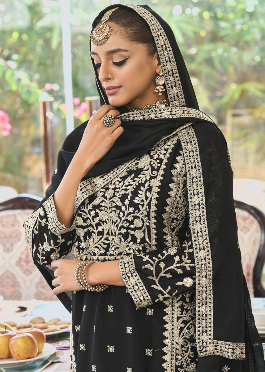 Midnight Black Chinon Silk Palazzo Suit with Elegant Thread Embellishments - House of Sarvati LLC