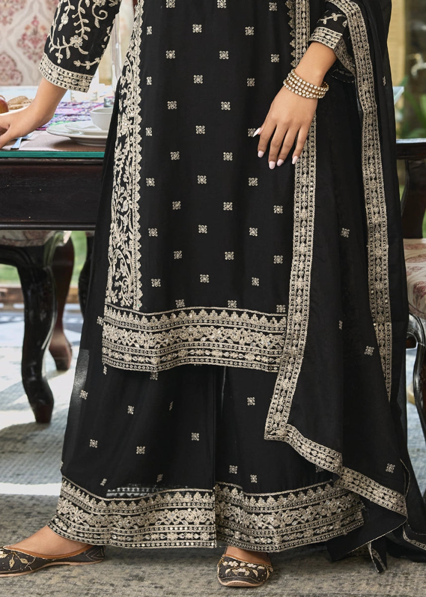 Midnight Black Chinon Silk Palazzo Suit with Elegant Thread Embellishments - House of Sarvati LLC