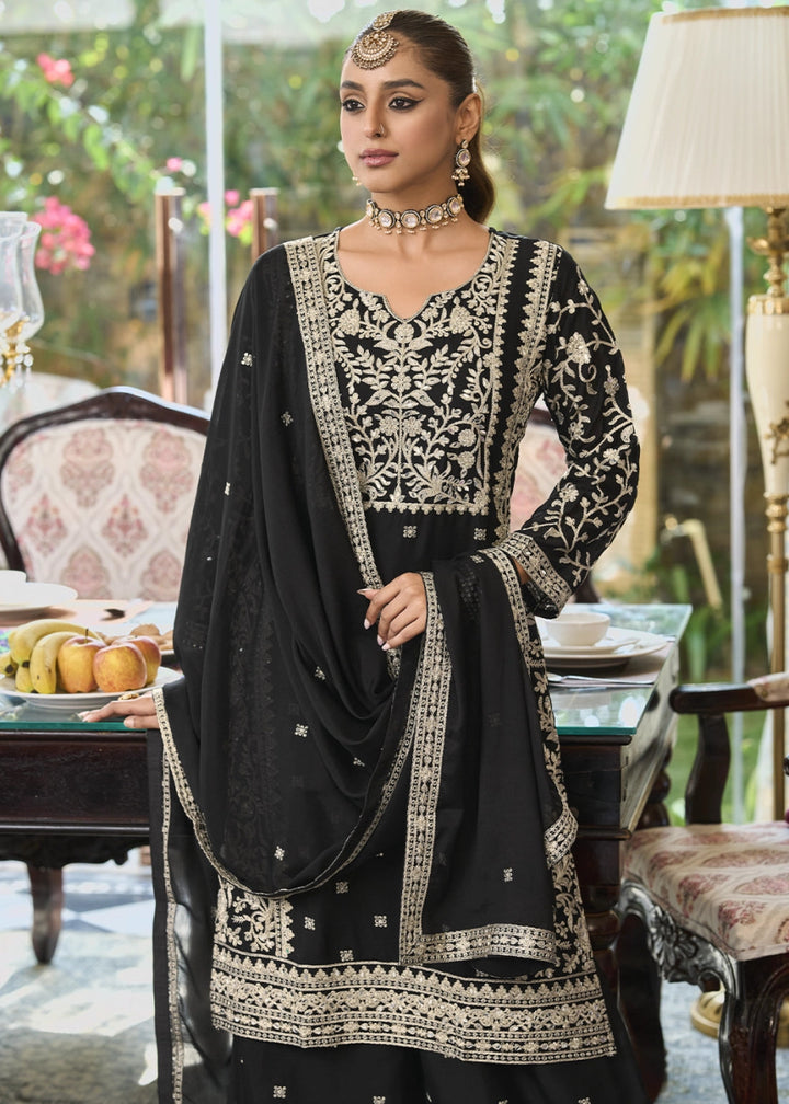 Midnight Black Chinon Silk Palazzo Suit with Elegant Thread Embellishments - House of Sarvati LLC