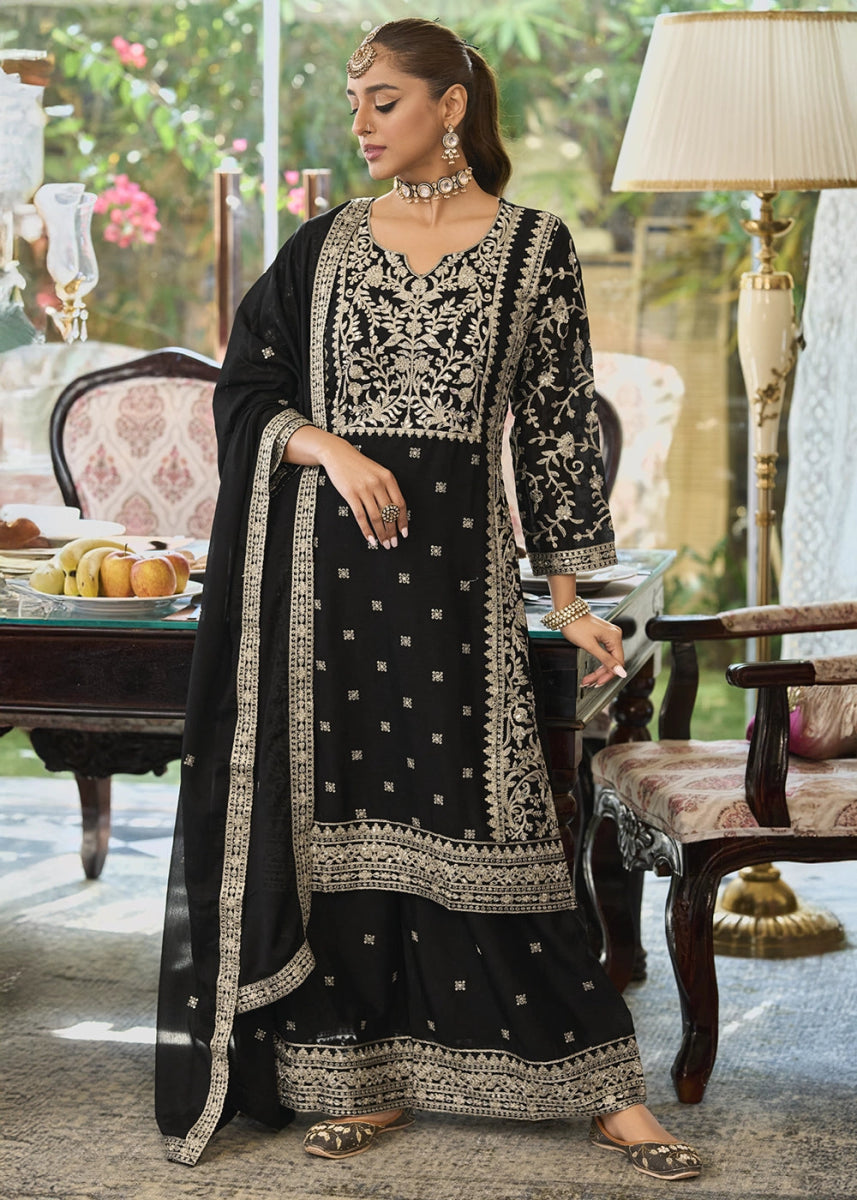 Midnight Black Chinon Silk Palazzo Suit with Elegant Thread Embellishments - House of Sarvati LLC