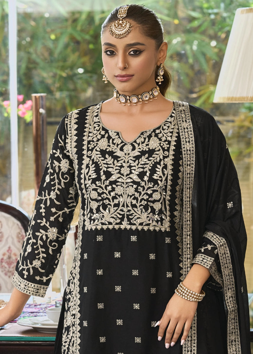Midnight Black Chinon Silk Palazzo Suit with Elegant Thread Embellishments - House of Sarvati LLC