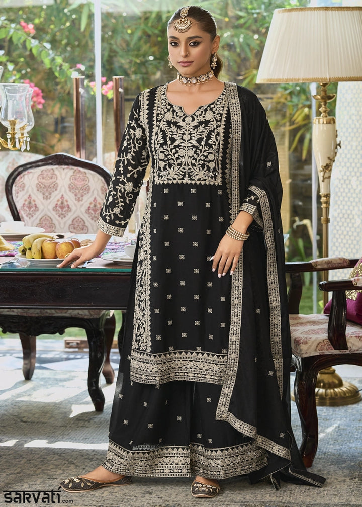 Midnight Black Chinon Silk Palazzo Suit with Elegant Thread Embellishments - House of Sarvati LLC