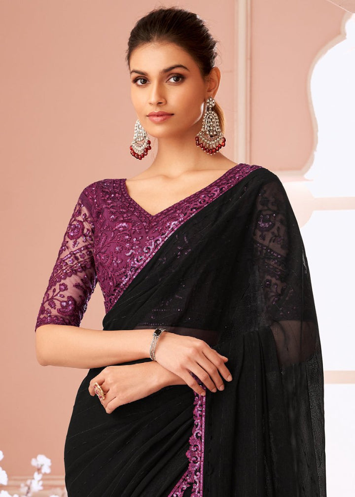 Midnight Black Embellished Georgette Saree with Designer Blouse - House of Sarvati LLC