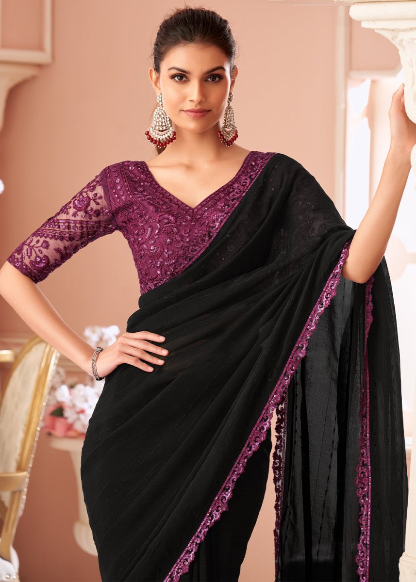 Midnight Black Embellished Georgette Saree with Designer Blouse - House of Sarvati LLC