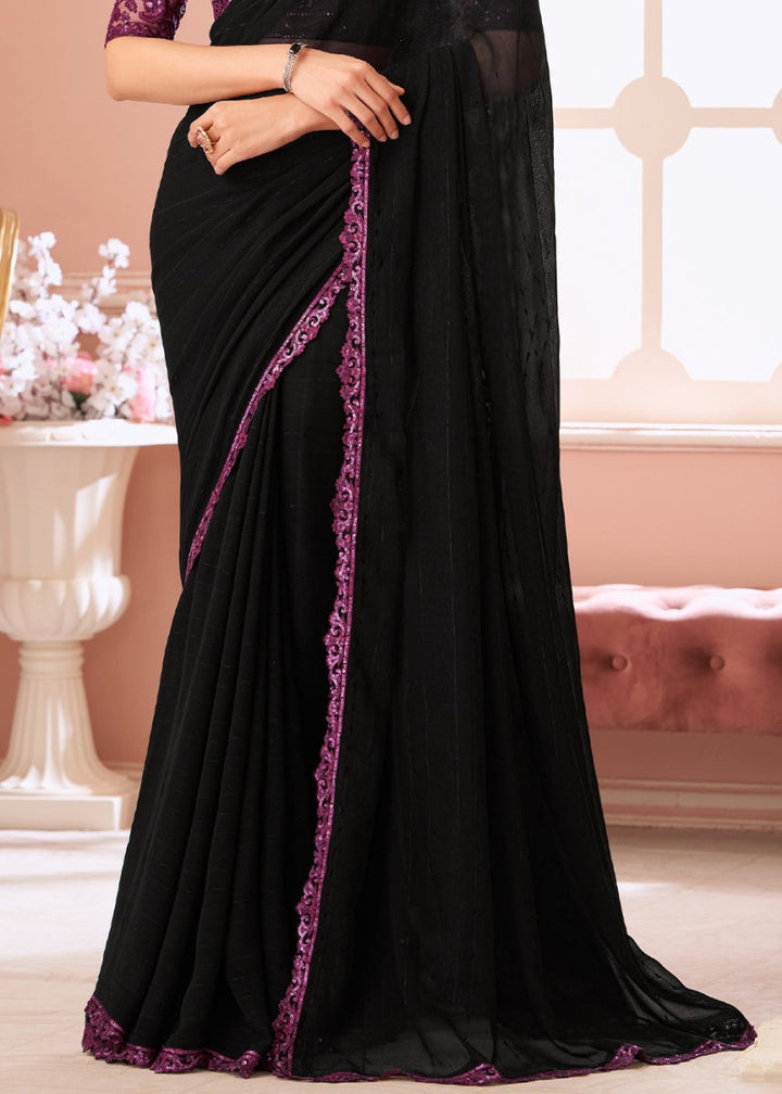 Midnight Black Embellished Georgette Saree with Designer Blouse - House of Sarvati LLC