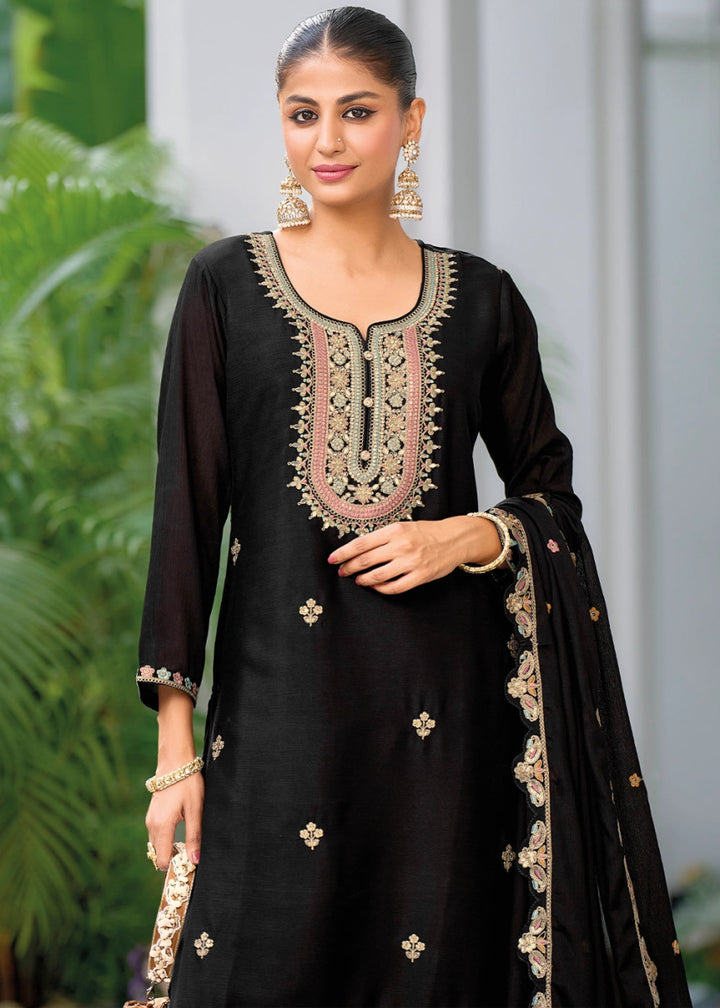 Midnight Black Embroidered Palazzo Suit in Soft Chinon Silk - House of Sarvati LLC