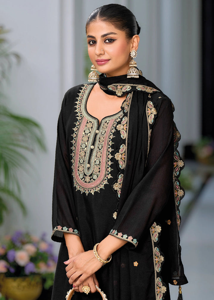 Midnight Black Embroidered Palazzo Suit in Soft Chinon Silk - House of Sarvati LLC