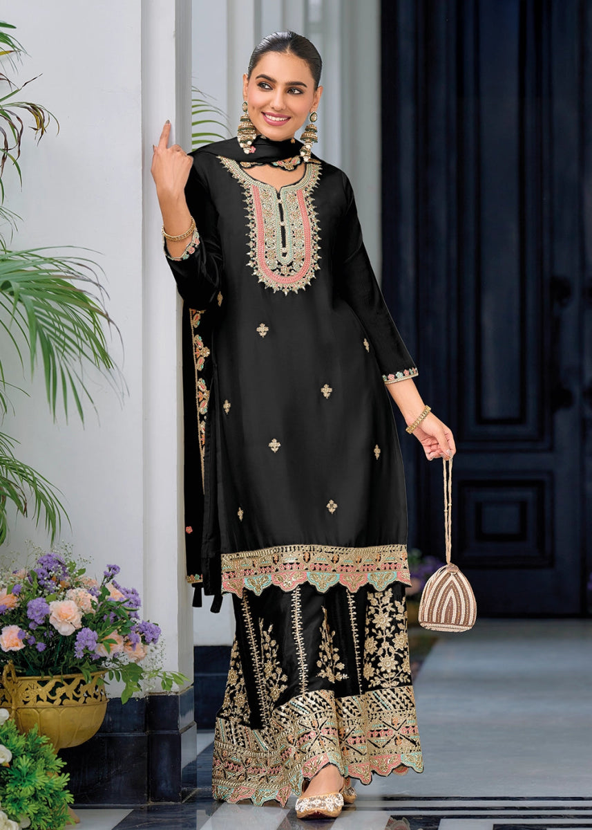 Midnight Black Embroidered Palazzo Suit in Soft Chinon Silk - House of Sarvati LLC