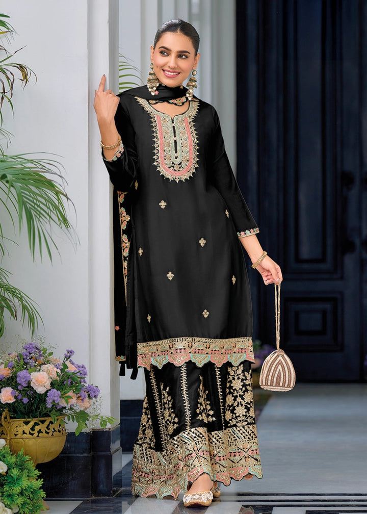 Midnight Black Embroidered Palazzo Suit in Soft Chinon Silk - House of Sarvati LLC