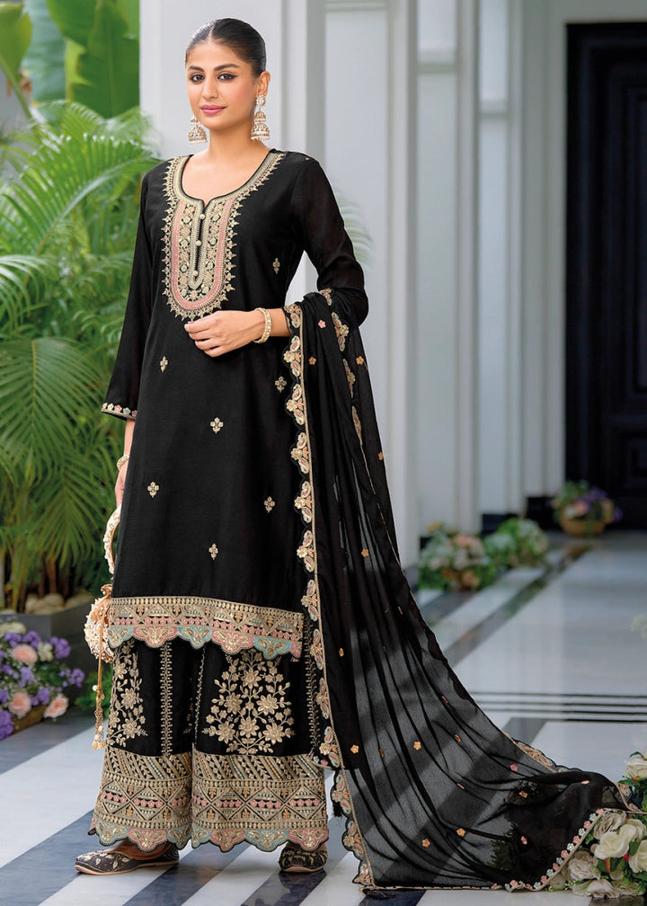 Midnight Black Embroidered Palazzo Suit in Soft Chinon Silk - House of Sarvati LLC