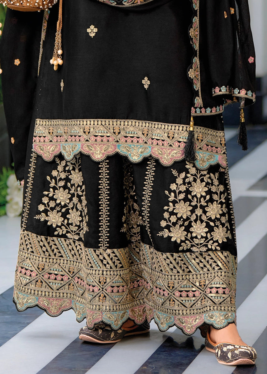 Midnight Black Embroidered Palazzo Suit in Soft Chinon Silk - House of Sarvati LLC