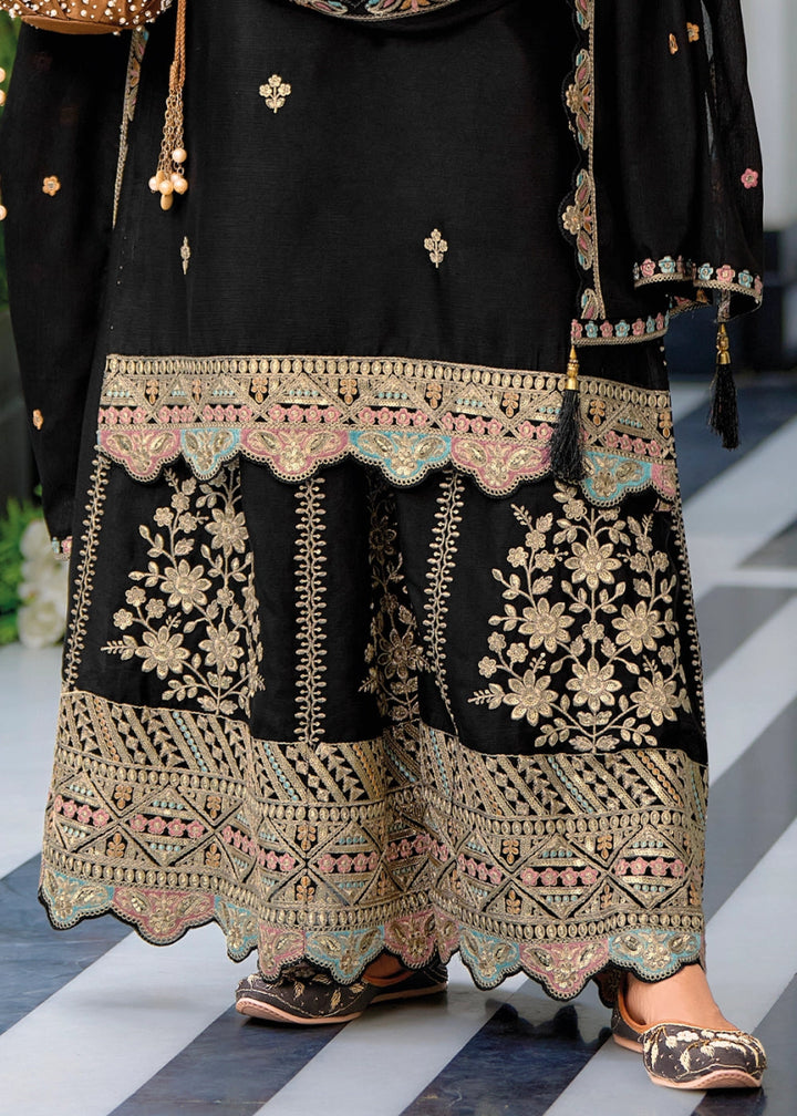 Midnight Black Embroidered Palazzo Suit in Soft Chinon Silk - House of Sarvati LLC