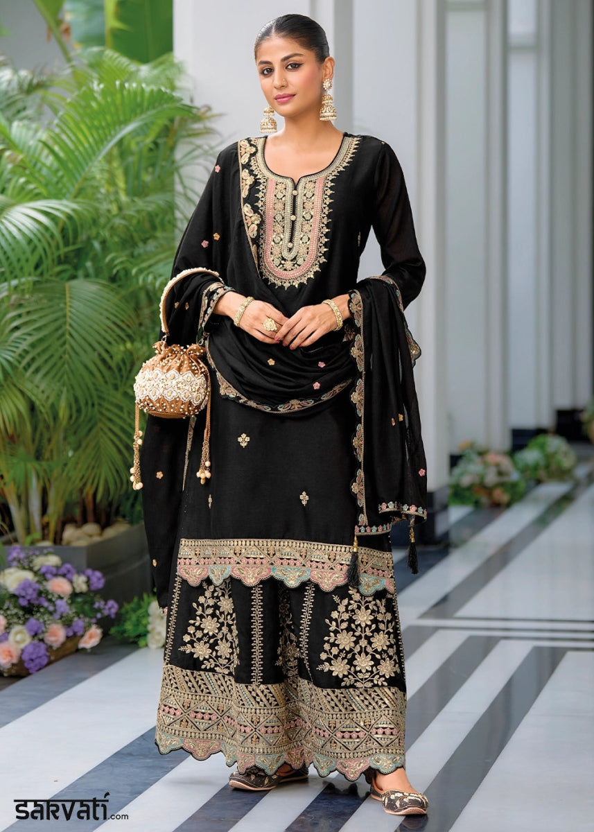 Midnight Black Embroidered Palazzo Suit in Soft Chinon Silk - House of Sarvati LLC