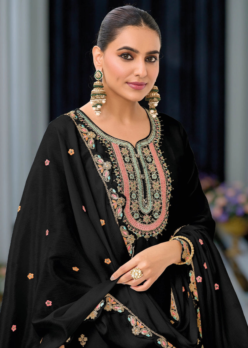 Midnight Black Embroidered Palazzo Suit in Soft Chinon Silk - House of Sarvati LLC