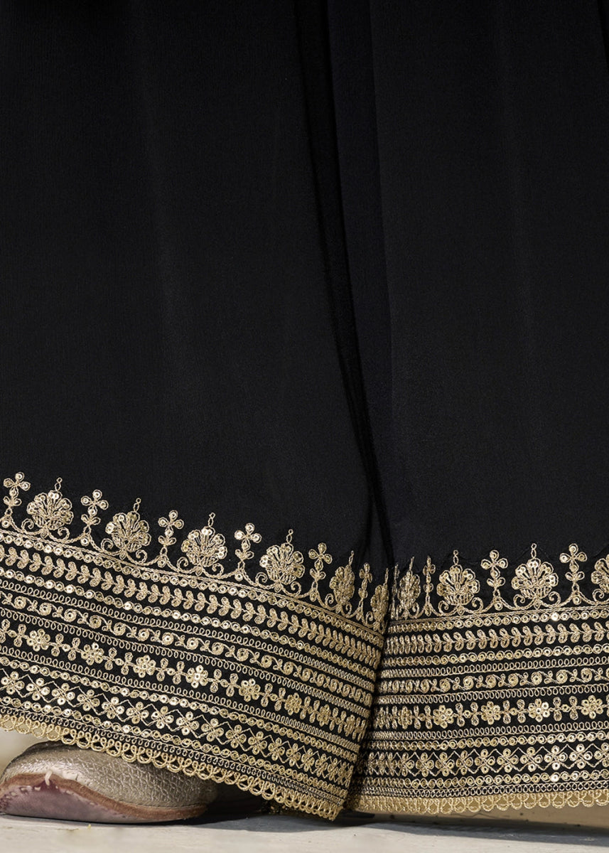 Midnight Black Embroidered Sharara Suit in Chinon Silk with Jacquard Buttis - House of Sarvati LLC