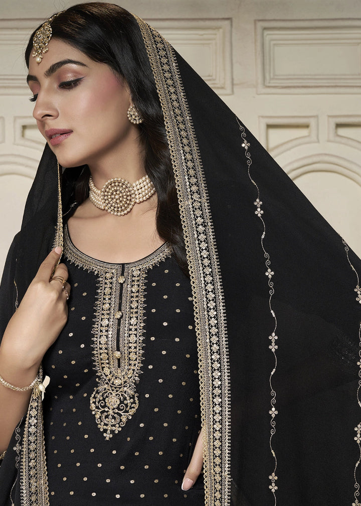 Midnight Black Embroidered Sharara Suit in Chinon Silk with Jacquard Buttis - House of Sarvati LLC