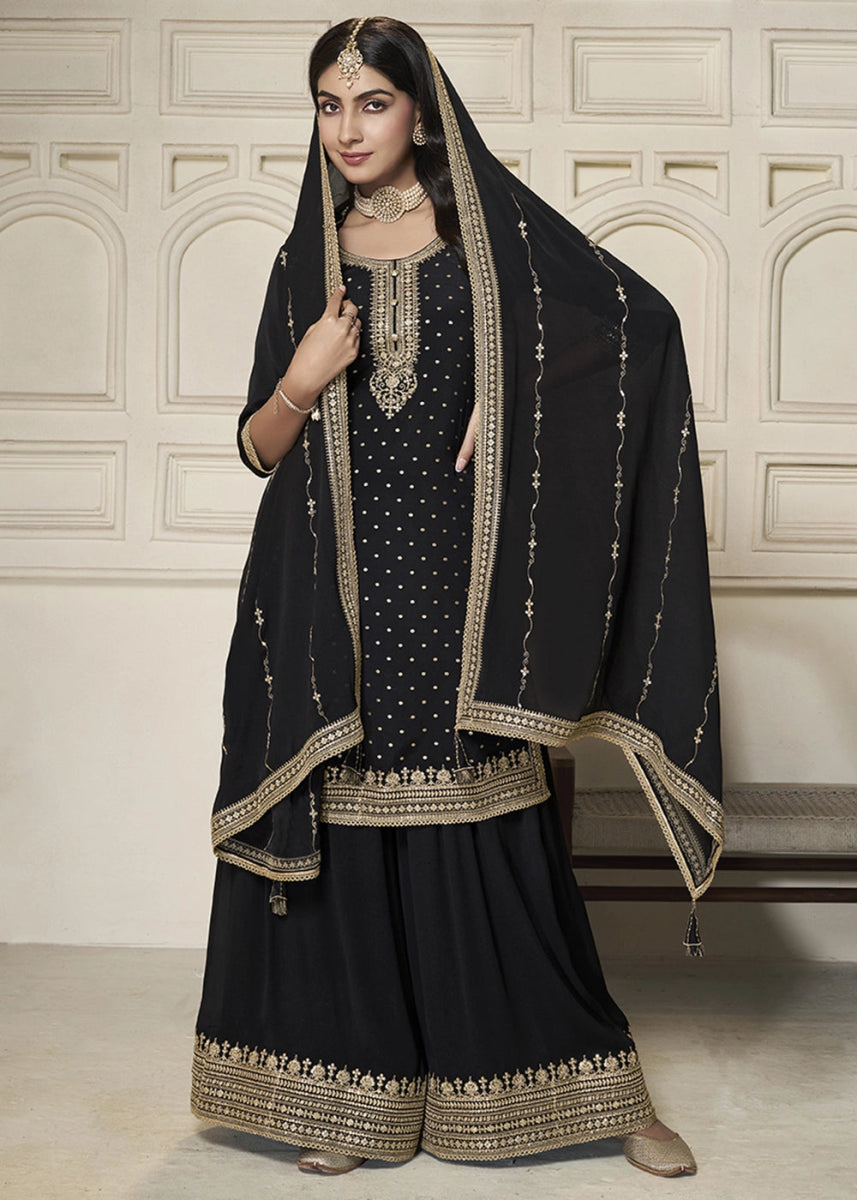 Midnight Black Embroidered Sharara Suit in Chinon Silk with Jacquard Buttis - House of Sarvati LLC