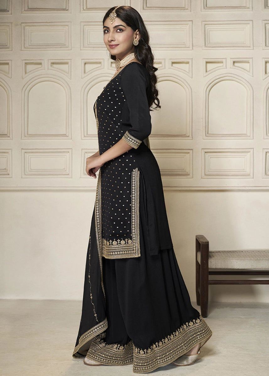 Midnight Black Embroidered Sharara Suit in Chinon Silk with Jacquard Buttis - House of Sarvati LLC