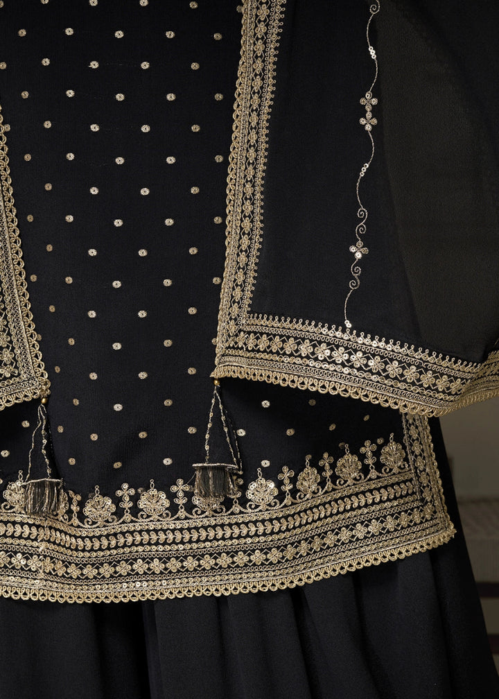 Midnight Black Embroidered Sharara Suit in Chinon Silk with Jacquard Buttis - House of Sarvati LLC