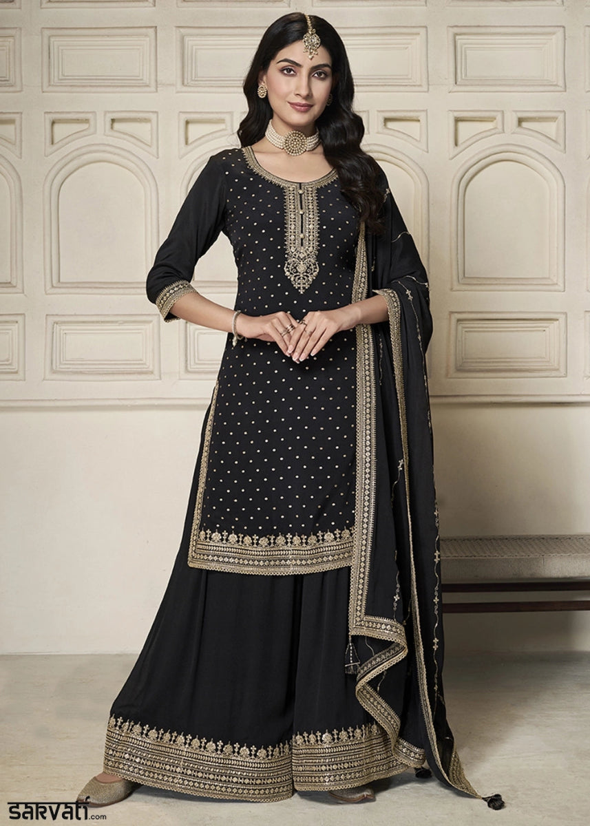 Midnight Black Embroidered Sharara Suit in Chinon Silk with Jacquard Buttis - House of Sarvati LLC