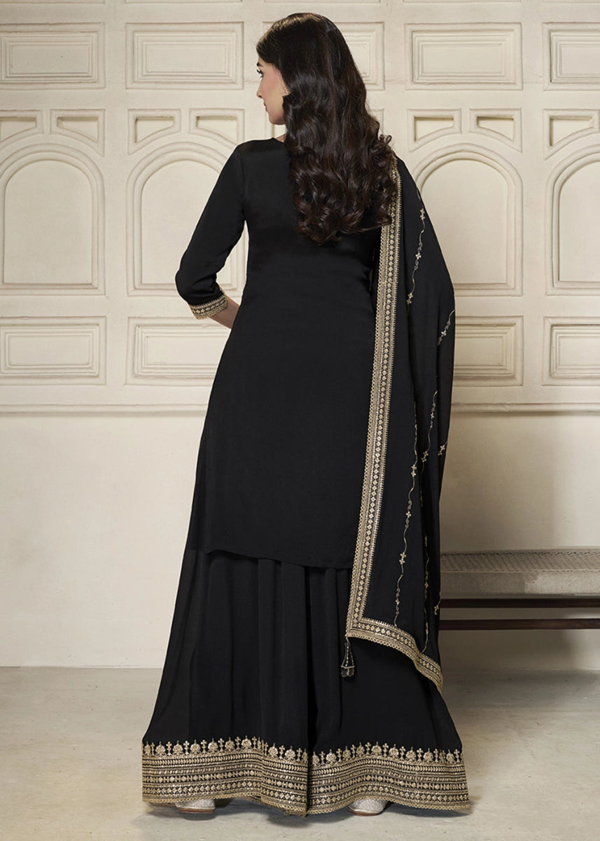 Midnight Black Embroidered Sharara Suit in Chinon Silk with Jacquard Buttis - House of Sarvati LLC