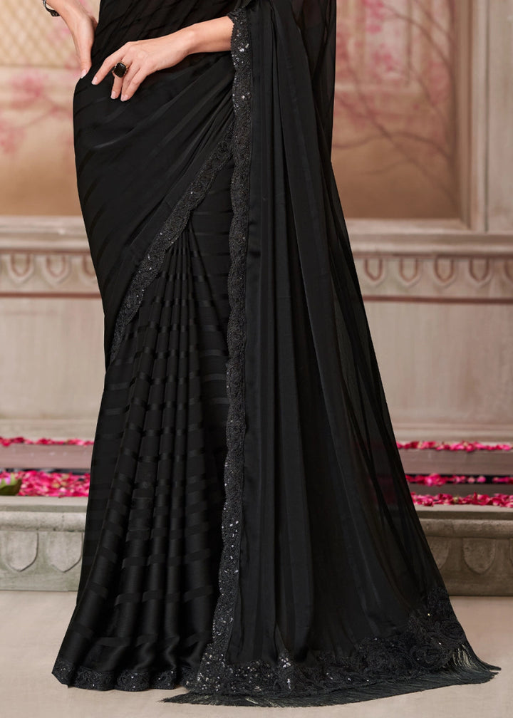 Midnight Black Georgette Saree With Detailed Embroidery And Luxe Appeal - House of Sarvati LLC