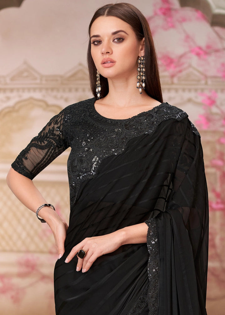 Midnight Black Georgette Saree With Detailed Embroidery And Luxe Appeal - House of Sarvati LLC