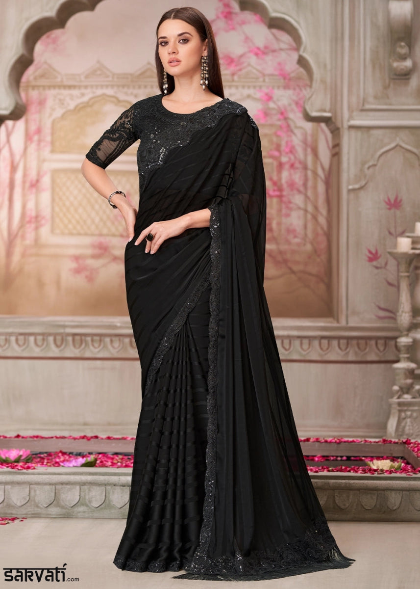 Midnight Black Georgette Saree With Detailed Embroidery And Luxe Appeal - House of Sarvati LLC