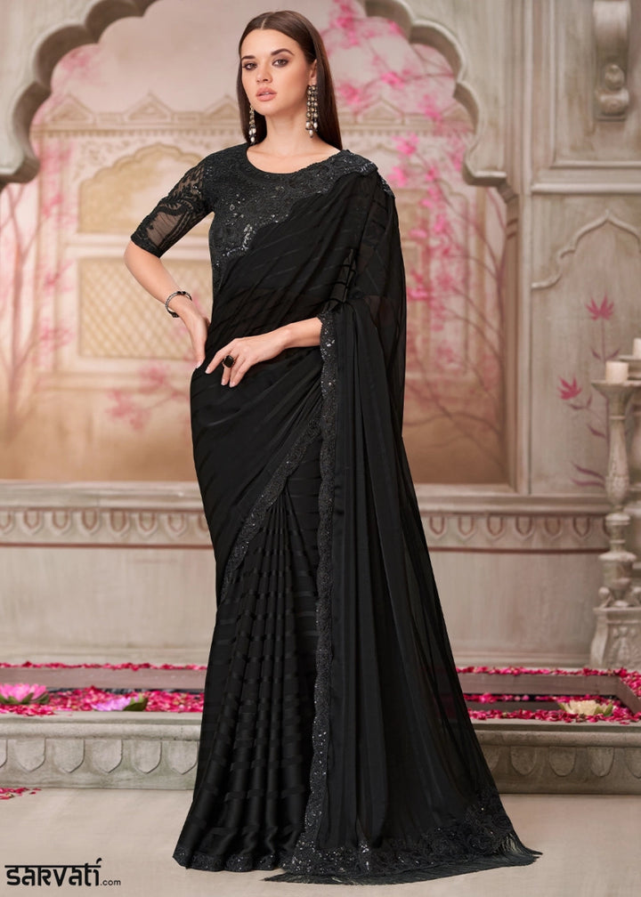 Midnight Black Georgette Saree With Detailed Embroidery And Luxe Appeal - House of Sarvati LLC