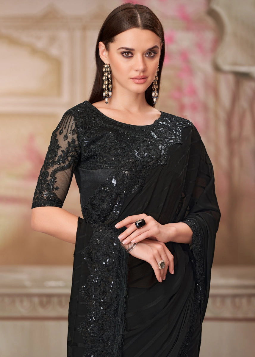 Midnight Black Georgette Saree With Detailed Embroidery And Luxe Appeal - House of Sarvati LLC