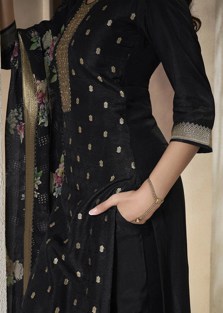 Midnight Black Jacquard Dola Silk Suit with Sequin Detailing - House of Sarvati LLC