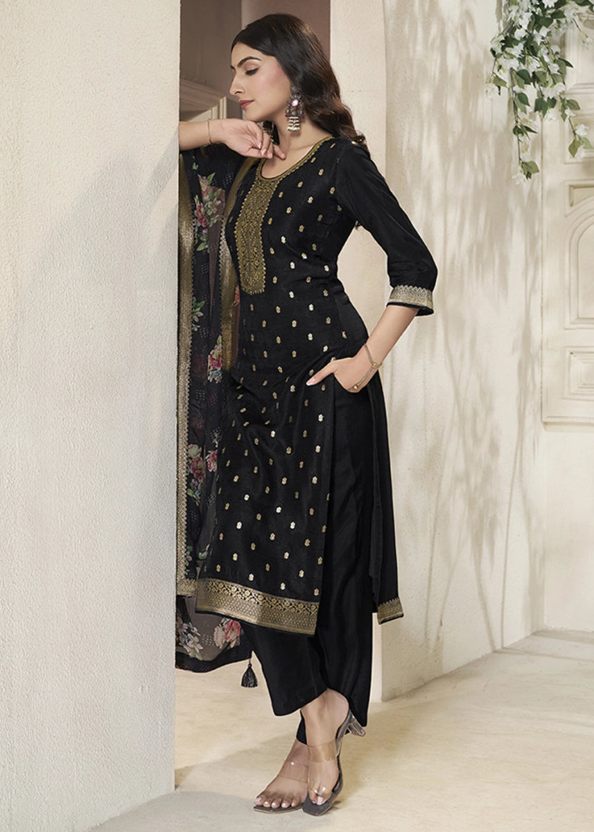 Midnight Black Jacquard Dola Silk Suit with Sequin Detailing - House of Sarvati LLC