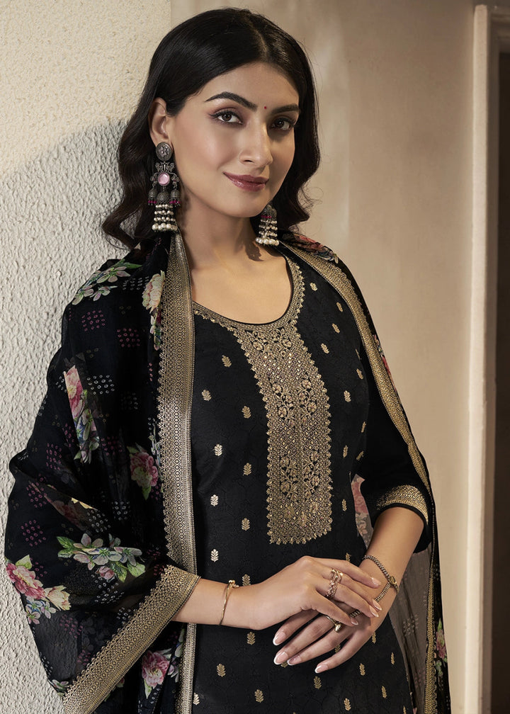 Midnight Black Jacquard Dola Silk Suit with Sequin Detailing - House of Sarvati LLC