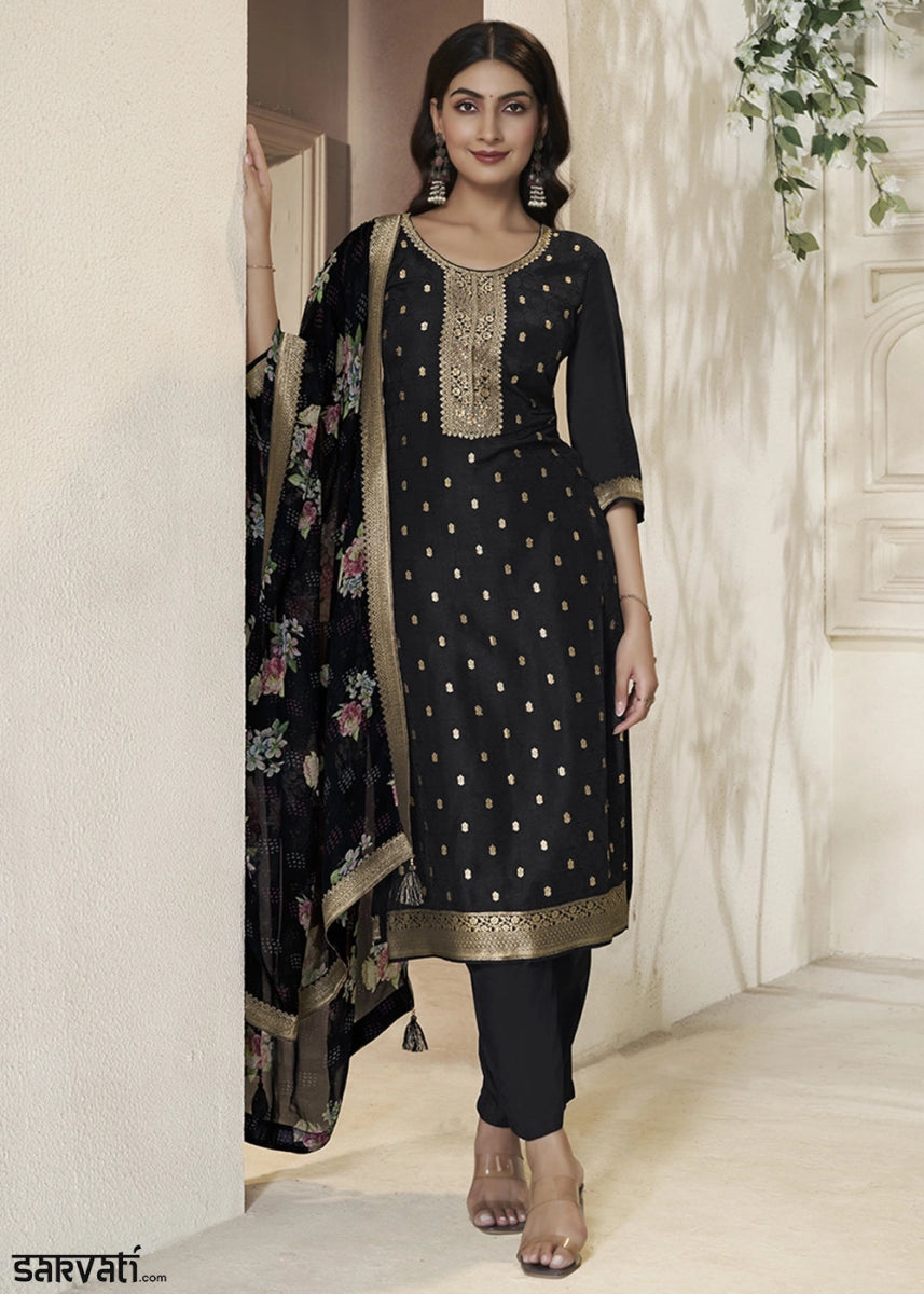 Midnight Black Jacquard Dola Silk Suit with Sequin Detailing - House of Sarvati LLC