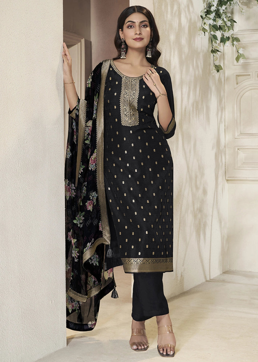Midnight Black Jacquard Dola Silk Suit with Sequin Detailing - House of Sarvati LLC