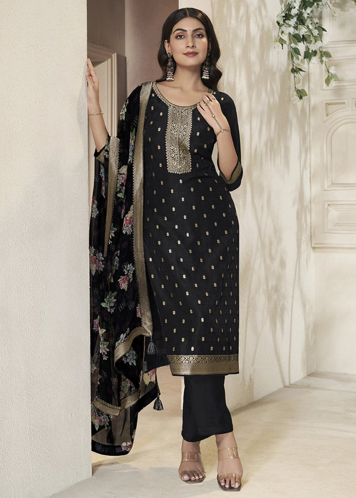 Midnight Black Jacquard Dola Silk Suit with Sequin Detailing - House of Sarvati LLC
