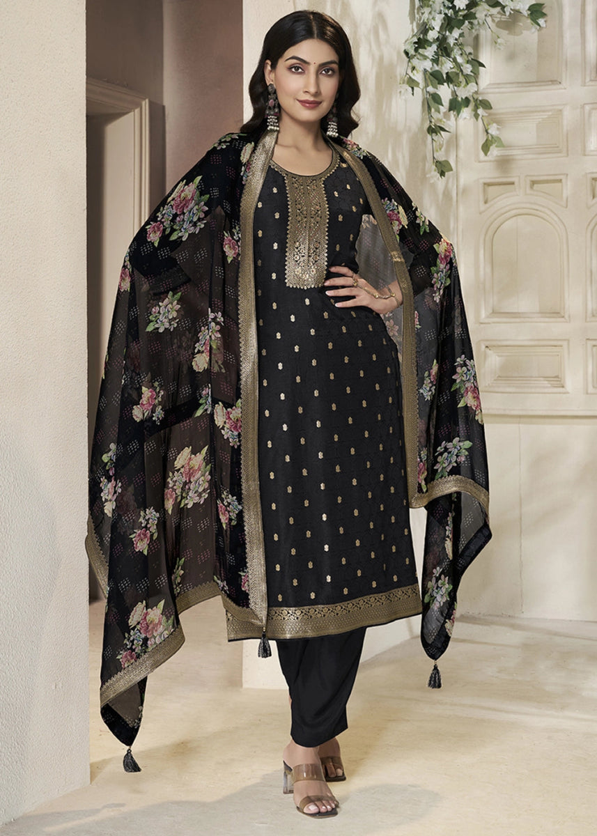 Midnight Black Jacquard Dola Silk Suit with Sequin Detailing - House of Sarvati LLC