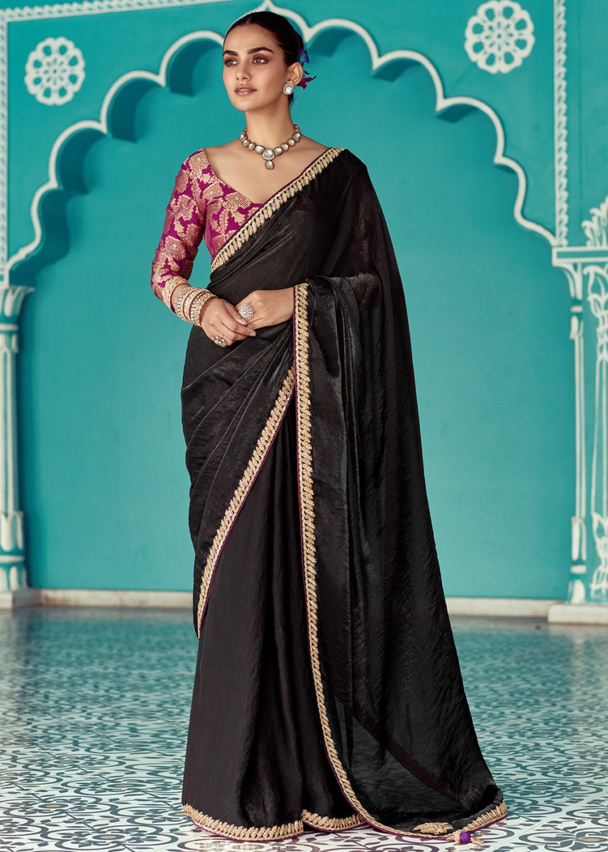 Midnight Black Tissue Silk Saree with Exquisite Embroidery - House of Sarvati LLC