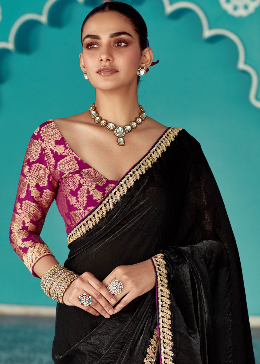 Midnight Black Tissue Silk Saree with Exquisite Embroidery - House of Sarvati LLC