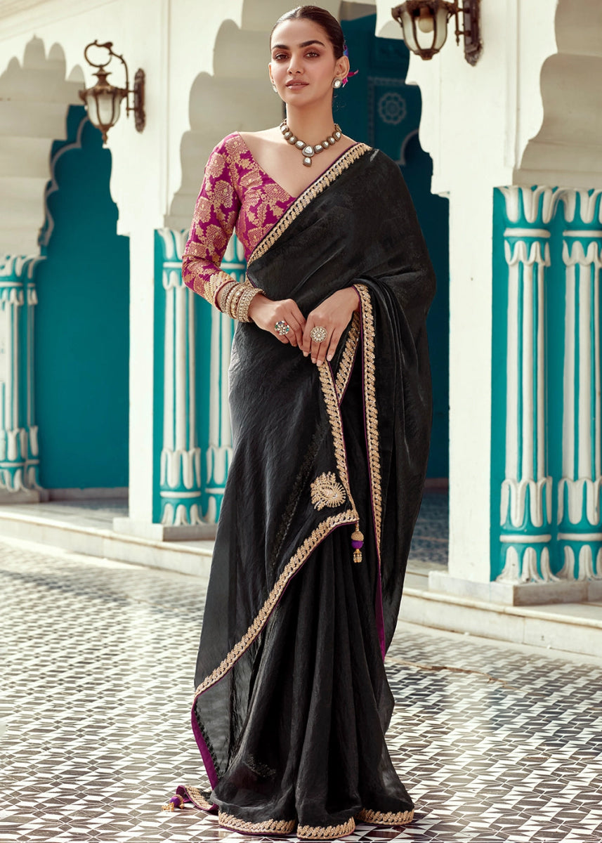 Midnight Black Tissue Silk Saree with Exquisite Embroidery - House of Sarvati LLC