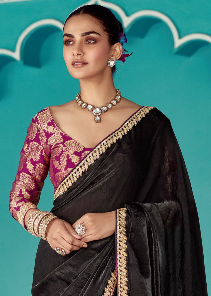Midnight Black Tissue Silk Saree with Exquisite Embroidery - House of Sarvati LLC