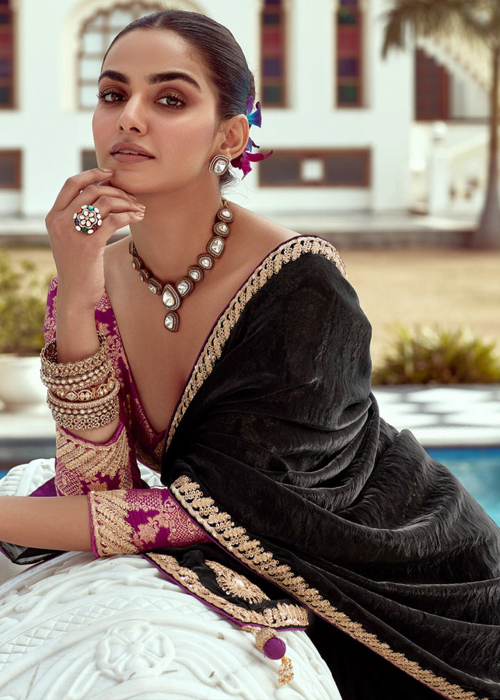 Midnight Black Tissue Silk Saree with Exquisite Embroidery - House of Sarvati LLC