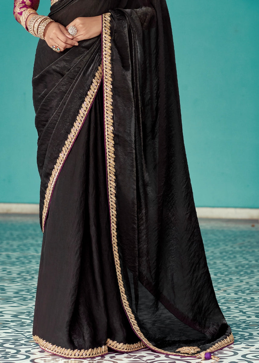 Midnight Black Tissue Silk Saree with Exquisite Embroidery - House of Sarvati LLC