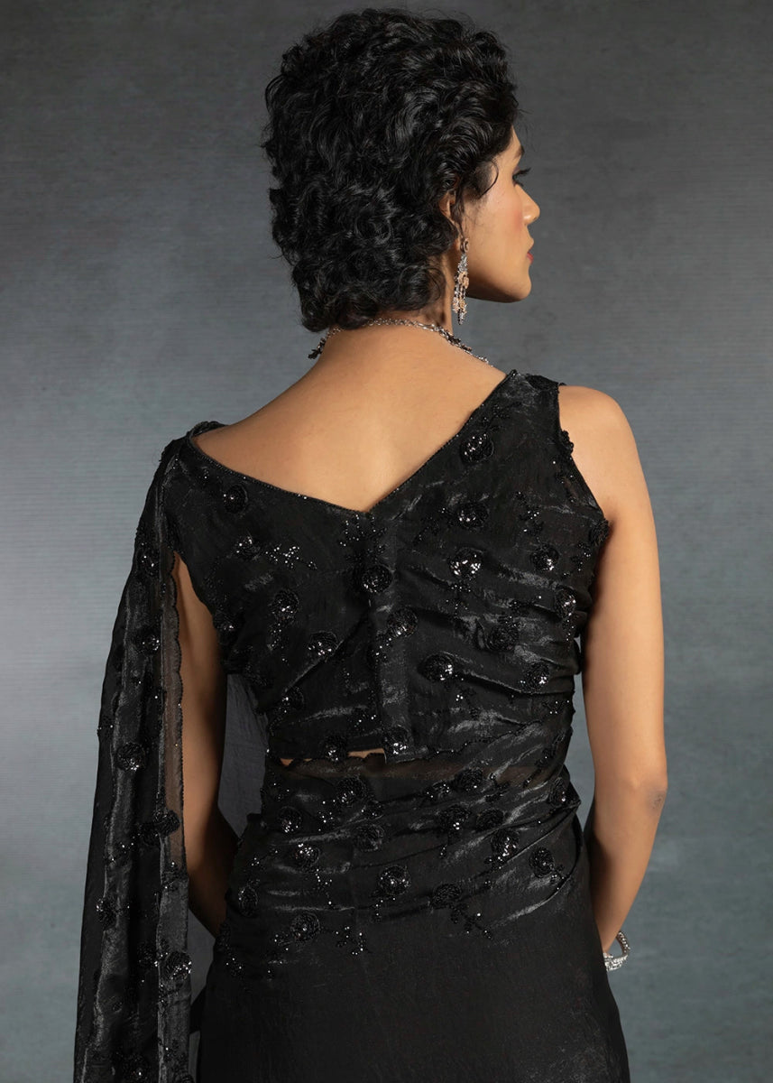 Midnight Black Two Tone Satin Silk Saree with Intricate Zarkan & cut work Border - House of Sarvati LLC
