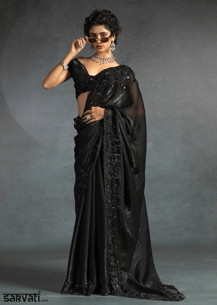 Midnight Black Two Tone Satin Silk Saree with Intricate Zarkan & cut work Border - House of Sarvati LLC
