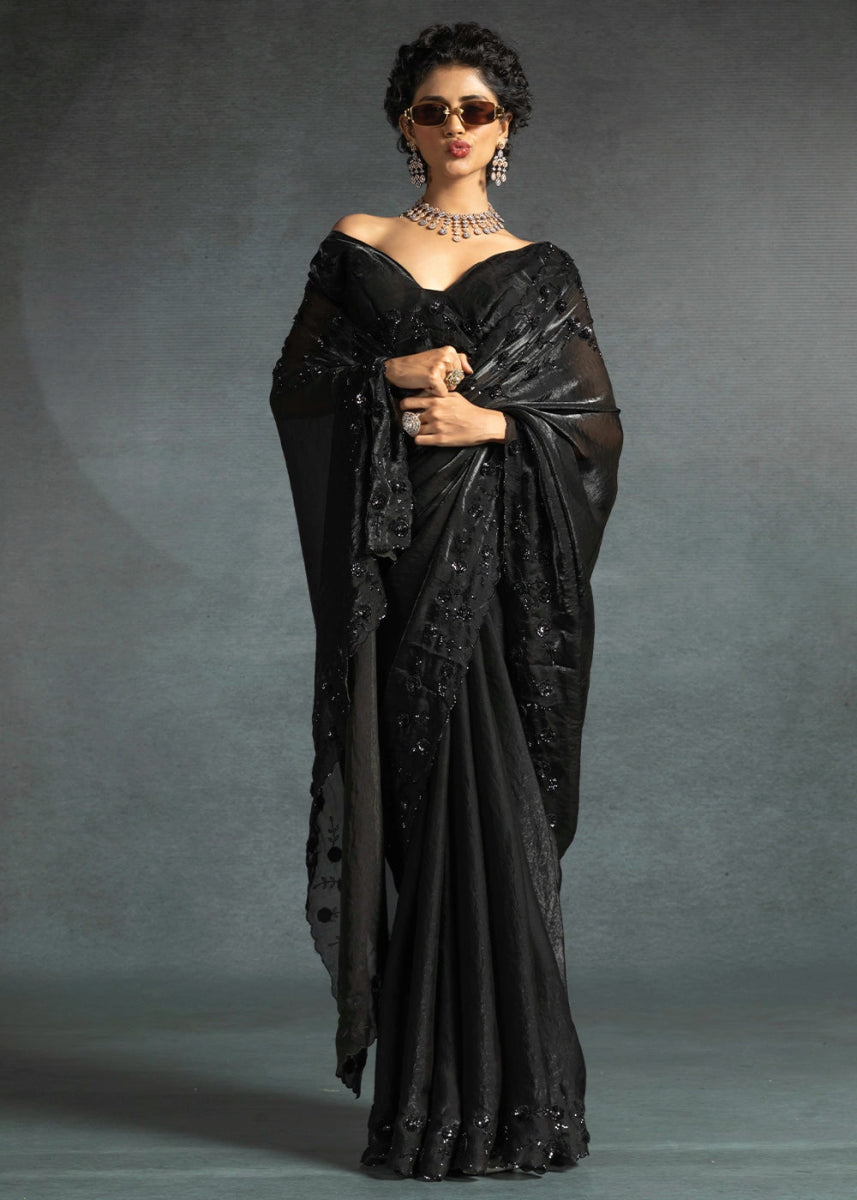 Midnight Black Two Tone Satin Silk Saree with Intricate Zarkan & cut work Border - House of Sarvati LLC