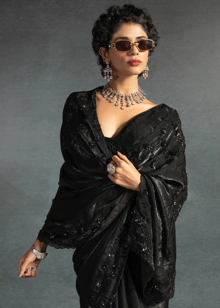 Midnight Black Two Tone Satin Silk Saree with Intricate Zarkan & cut work Border - House of Sarvati LLC