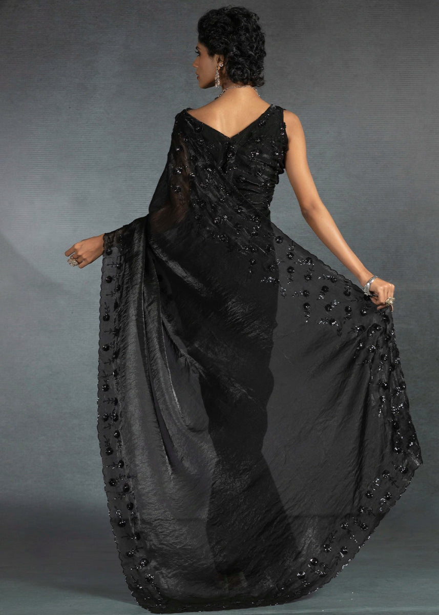 Midnight Black Two Tone Satin Silk Saree with Intricate Zarkan & cut work Border - House of Sarvati LLC