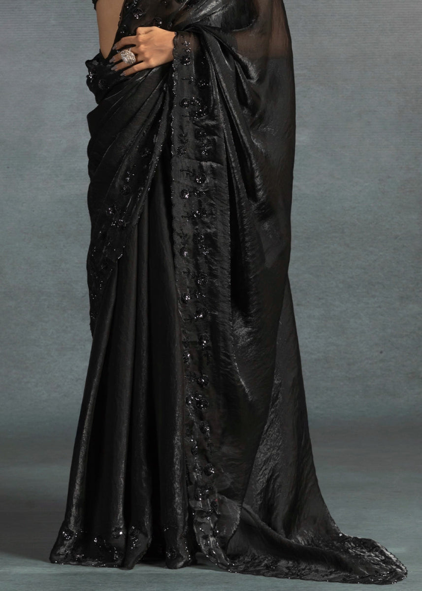 Midnight Black Two Tone Satin Silk Saree with Intricate Zarkan & cut work Border - House of Sarvati LLC