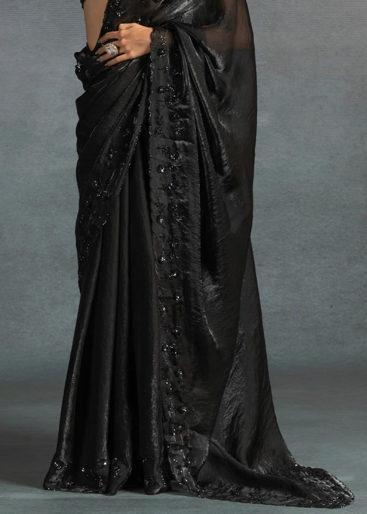 Midnight Black Two Tone Satin Silk Saree with Intricate Zarkan & cut work Border - House of Sarvati LLC